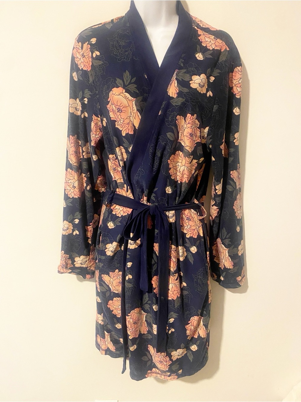 George Navy Floral Satin Tie-Waist Robe with Blush Flowers